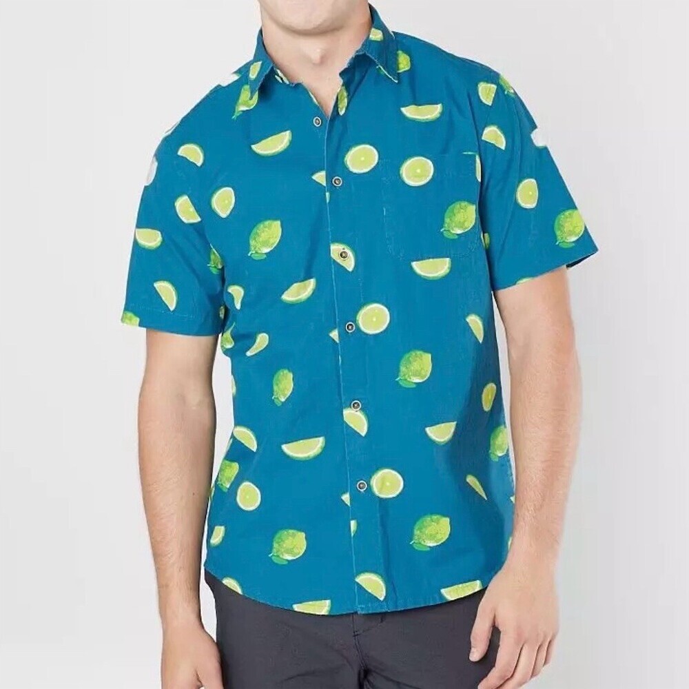 Visitor Premium Button-Up Cotton Shirt Men's XL Lime Print